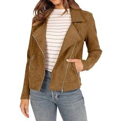 EMATOP Lederjacke Damen Faux Wildleder Jacke Kurz Elegant Pelzmantel Langarm Lässige Motorradjacke Herbst Winter Einfarbig übergangsjacke Revers Mode Fleecejacke Reißverschluss Bikerjacke von EMATOP