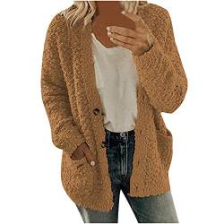 EMATOP Mantel Damen Warm Fleecejacke Teddy Fleece Wollemantel Lässig Langarm Winterjacke Baumwolle Flauschig Plüschjacke Herbst Winter Kuschelig Kapuzenjacke mit Taschen Teddyfleece Jacke von EMATOP