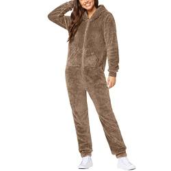 EMATOP Overall Damen Winter Warm Jumpsuit Flauschig Schlafanzug Teddy Fleece Einteiler Onesie Kuschelig Weich Ganzkörperanzug Lang Einfarbig Hausanzug mit Kapuze Pyjama Plüsch Trainingsanzug von EMATOP