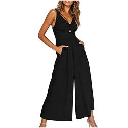 EMATOP Oversize Jumpsuit Damen Ärmellose Sexy Latzhose Elegant Lang Einteiler Overall mit Taschen Playsuit Lässiger Einfarbig Arbeitshose V-Ausschnitt Hohe Taille Freizeithose Weites Bein Hosen von EMATOP