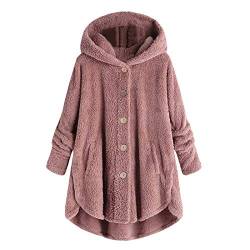 EMATOP Plüschjacke Damen Lässige Fleece Jacke Winter Warm Kapuzenjacke mit Kapuze Teddy Fleecejacke Flauschig Kuschelig Wintermantel Lang Einfarbig Fellmantel mit Taschen Mantel Kapuzenpullover von EMATOP