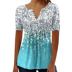 EMATOP Sommer Tunika Tshirt Damen Elegant V-Ausschnitt Plissee Shirt Lässige Lose Kurzarm Tops Baumwolle Vintage Bluse Longshirt Feder Druck Sommershirts Oberteile Angebote Tages blitzangebote von EMATOP