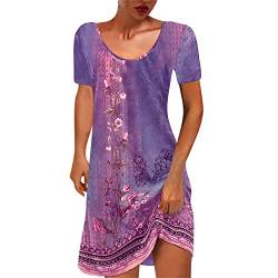 EMATOP Sommerkleid Damen Knielang Kurzarm T-Shirt Kleider Lässiges Rundhals Boho Strandkleider Sommer Elegant Minikleid Bunte Blumen Drucke Blusenkleid Baumwolle Vintage Partykleid für Alltag von EMATOP