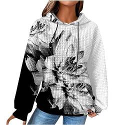 EMATOP Sport Hoodie Damen Leichter Baumwolle Kapuzenpullover Waffel Langarm Pullover mit Kapuze Pulli Langarmshirt Casual Lose Sweatshirt Vintage Neuartige Drucke Kapuzenpulli Jumper von EMATOP