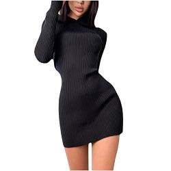 EMATOP Strickkleid Damen Lange Winterkleid mit Kapuze Pulloverkleid Herbst Winter Warme Pullover Einfarbig Abendkleid Knielang Mode Sweatkleid Stickerei Pulli Partykleid, M, T10-schwarz von EMATOP