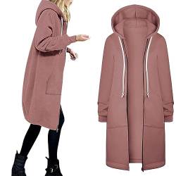 EMATOP Sweatjacke Damen Oversize Lange College Jacke Baumwolle Elegant Kapuzenjacke Zip Up Hoodie Casual Locker Sweatshirt mit Kapuze Pullover Einfarbig Sports Freizeitjacke für Herbst Winter von EMATOP