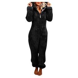 EMATOP Warmer Fleece Overall Damen Kuschelig Jumpsuit Plüsch Schlafanzug Elegant Einteiler Onesie Langarm Einfarbig Pyjama Flauschig Lang Schlafoverall mit Kapuze & Reißverschluss Hausanzug von EMATOP