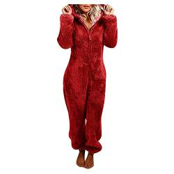 EMATOP Warmer Fleece Overall Damen Kuschelig Jumpsuit Plüsch Schlafanzug Elegant Einteiler Onesie Langarm Einfarbig Pyjama Flauschig Lang Schlafoverall mit Kapuze & Reißverschluss Hausanzug von EMATOP