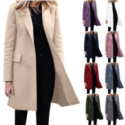 EMATOP Wollmantel Damen Winter Warm Jacke Trenchcoat Elegant Langer Mantel Klassische Revers Wintermantel Baumwolle Einfarbig Windbreaker Winddicht Winterjacke mit Taschen Übergangsjacke Outdoor von EMATOP