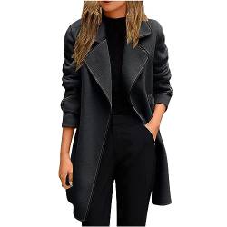 EMATOP Wollmantel Damen Winter Warm Jacke Trenchcoat Elegant Langer Mantel Klassische Revers Wintermantel Baumwolle Einfarbig Windbreaker Winddicht Winterjacke mit Taschen Übergangsjacke Outdoor von EMATOP