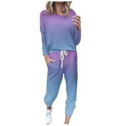 EMATOP Zweiteiler Outfit Damen Langarm Casual Tracksuit Sport Baumwolle Trainingsanzug Sweatshirt und Jogginghose Sportanzug Bunt Farbverlauf Freizeitanzug Taschen Sportswear angebote von EMATOP