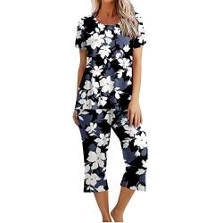 EMATOP Zweiteiliger Nachtwäsche Damen Sommer Schlafanzug Kurz Baumwolle Pyjama Set Vintage Blumen Druck Hausanzug Casual Lose Kurzarm Top mit 3/4 Lang Schlafhose Yoga Outfit Bequem Sleepwear von EMATOP