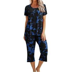 EMATOP Zweiteiliger Nachtwäsche Damen Sommer Schlafanzug Kurz Baumwolle Pyjama Set Vintage Blumen Druck Hausanzug Casual Lose Kurzarm Top mit 3/4 Lang Schlafhose Yoga Outfit Bequem Sleepwear von EMATOP