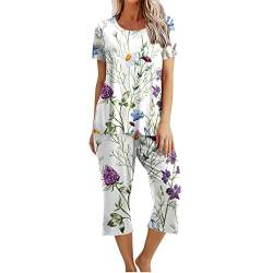 EMATOP Zweiteiliger Nachtwäsche Damen Sommer Schlafanzug Kurz Baumwolle Pyjama Set Vintage Blumen Druck Hausanzug Casual Lose Kurzarm Top mit 3/4 Lang Schlafhose Yoga Outfit Bequem Sleepwear von EMATOP