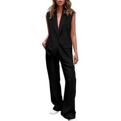 EMATOP angebote Business Outfit Damen Elegant Lang Hosenanzug Zweiteiler Sommer Blazer Weste und Hose Anzug Set Sportlich Einfarbig Tracksuit Casual Lose Longblazer Anzughose Streetwear von EMATOP