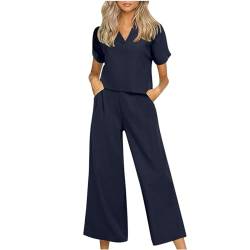 EMATOP angebote des tages heute Damen Sommer Elegant Hosenanzug Leicht Baumwolle Outfit Set Leinen Einfarbig Freizeitanzug 2 Teiler Bluse Tshirt Lange Hosen Sportanzug Taschen Tracksuit Jogginganzug von EMATOP