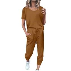 EMATOP angebote des tages heute Damen Sportanzug Set Zweiteiler Sommer Jogginganzug Casual Einfarbig Trainingsanzug Kurzarm Baumwolle Freizeitanzug Rundhals Hausanzug Tops Sporthose Fitness Tracksuit von EMATOP