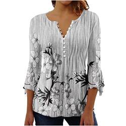 EMATOP befristetes Angebot Falten Longshirt Damen 3/4 Arm Elegant T-Shirt Lässig V-Ausschnitt Tunika Shirt Locker Baumwolle Oberteile Sommer Sport Bluse Tops Blumen Sommershirts Sportshirt von EMATOP