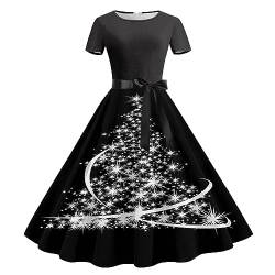 Faltenrock Damen Elegant A-Linie Cocktailkleid Kurzarm Vintage Weihnachtskleid Festliches Rockabilly Kleider Knielang Ballkleid Hohe Taille Weihnachten Kleid Lustig Minikleid Petticoat von EMATOP