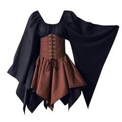 Gothic Kleider Damen Retro Ballkleid Mittelalter Kleidung Halloween Karneval Kostüm Bound Waist Elegant Partykleid A Linie Cocktailkleid Langarm Festliches Kleid Einfarbig Abendkleid von EMATOP