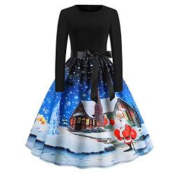 Lustige Weihnachtskleid Damen Retro Rockabilly A Linie Kleid Baumwolle Langarm Cocktailkleid 1950er Elegant Festlich Partykleid mit Gürtel Winterkleid Hohe Taille Mode Abendkleid von EMATOP