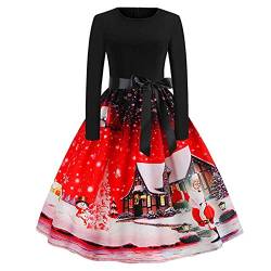 Lustige Weihnachtskleid Damen Retro Rockabilly A Linie Kleid Baumwolle Langarm Cocktailkleid 1950er Elegant Festlich Partykleid mit Gürtel Winterkleid Hohe Taille Mode Abendkleid von EMATOP