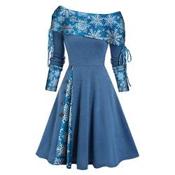 Retro Weihnachtskleid Damen Langarm Rockabilly Kleid Sexy Schulterfrei Cocktailkleid Hohe Taille Elegant Partykleid Kariertes A Linie Kleider Schneeflocke Muster Ballkleid Faltenrock von EMATOP