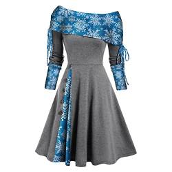 Retro Weihnachtskleid Damen Langarm Rockabilly Kleid Sexy Schulterfrei Cocktailkleid Hohe Taille Elegant Partykleid Kariertes A Linie Kleider Schneeflocke Muster Ballkleid Faltenrock von EMATOP