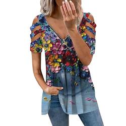 Schulterfreies T-Shirt für Damen Lässige ausgehöhlte Spitze Oberteile mit halben Ärmeln Sommer Reißverschluss V-Ausschnitt Loser Pullover Einfarbige Tunika Bluse Tops von EMATOP