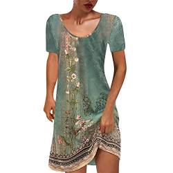 Sommerkleid Damen Knielang Kurzarm T-Shirt Kleider Lässiges Rundhals Boho Strandkleider Sommer Elegant Minikleid Bunte Blumen Drucke Blusenkleid Baumwolle Vintage Partykleid für Alltag von EMATOP