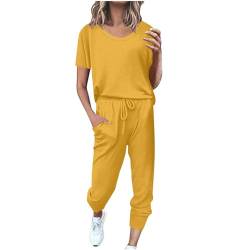 angebote des tages heute deal Zweiteiler Damen Sport Baumwolle Traingsanzug Einfarbig Lässig Sportanzüge Jogginganzug Kurzarm Top + Lange Hose Sportswear Sommer Laufen Fitnessanzug Sets Hausanzug von EMATOP