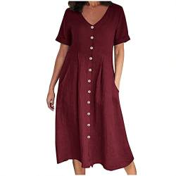 befristetes Angebot des Tages T-Shirt Kleid Damen Leinen Kurzarm Sommerkleid Casual Baumwolle Strandkleid Knielanges Midikleid Elegant V-Ausschnitt Freizeitkleid Große Größen Urlaubskleid von EMATOP