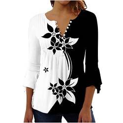 EMATOP blitzangebote Falten Longshirt Damen 3/4 Arm Elegant T-Shirt Lässig V-Ausschnitt Tunika Shirt Locker Baumwolle Oberteile Sommer Sport Bluse Tops Blumen Sommershirts Sportshirt von EMATOP