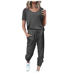 blitzangebote des tages heute Sportanzug Damen Sommer Kurzarm Tracksuit Casual Baumwolle Trainingsanzug 2 Teilig Einfarbig Jogginganzug Lose T-Shirt Top und Hose Freizeitanzug Taschen Sportswear von EMATOP