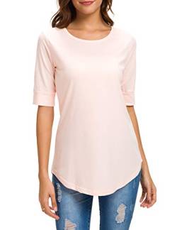 Damen Ellenbogenlange Ärmel Tops Lose Baumwolle Blusen Sommer Tunika T Shirts Rosa M von EMIKTSH