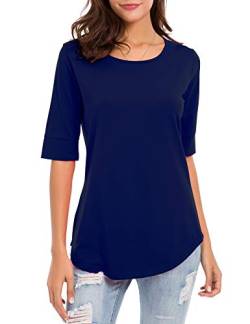 Damen Ellenbogenlange Ärmel Tops Sommer Baumwolle Blusen Bequeme Tunika T-Shirts Marineblau M von EMIKTSH