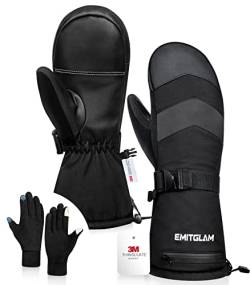 EMITGLAM 2 in 1 Winter Ski Fäustlinge für Damen & Herren mit Fleece Handschuheinlagen, wasserdichte Winter Skihandschuhe mit 3M C100 Isolierung, 5 Lagen Stoff Snowboard Fäustlinge mit Touchscreen von EMITGLAM