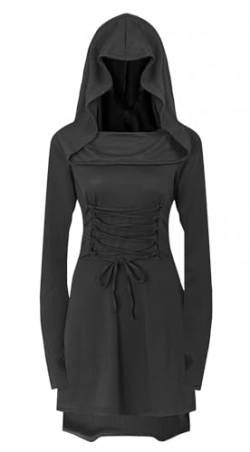 EMLOHSOL Gothic Kleid Damen,Kapuze Kleid für Karneval,Mittelalter Kleidung Damen,Retro Gothic Cosplay hexe kriegerin kostüm(Schwarz, L) von EMLOHSOL