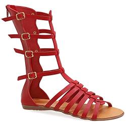 36 Korallenrot Emmanuela antike griechische Hand handgefertigte Gladiator Sandalen aus Leder, Kalb hohe Sandalen mit Reißverschluss hinten am Schaft, Riemchen flache Sommerschuhe für Frauen von EMMANUELA handcrafted for you