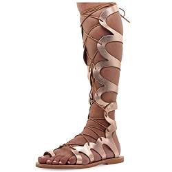 36 Roségold Emmanuela Knieshohe Ledersandalen im antiken griechischen Stil, handgefertigte flache Gladiator sandalen mit offenen Zehen, hochwertige Sommerschuhe zum Binden für Frauen von EMMANUELA handcrafted for you