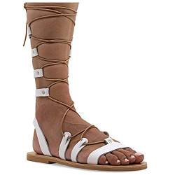 36 Weiß Emmanuela Kalbshohe Ledersandalen im antiken griechischen Stil, handgefertigte flache Gladiator sandalen mit offenen Zehen, hochwertige Riemchen Sommerschuhe für Frauen von EMMANUELA handcrafted for you