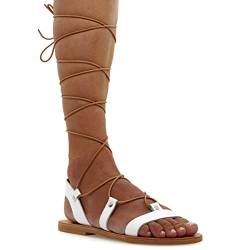 36 Weiß Emmanuela Knieshohe Ledersandalen im antiken griechischen Stil, handgefertigte flache Gladiator sandalen mit offenen Zehen, hochwertige Sommerschuhe zum Binden für Frauen von EMMANUELA handcrafted for you