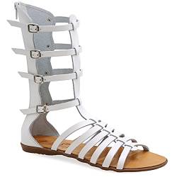 36 Weiß Emmanuela antike griechische Hand handgefertigte Gladiator Sandalen aus Leder, Kalb hohe Sandalen mit Reißverschluss hinten am Schaft, Riemchen flache Sommerschuhe für Frauen von EMMANUELA handcrafted for you