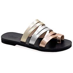 37 Mehrfarbig 1 Emmanuela Sandalen im antiken griechischen Stil, handgefertigte Leder Zehenring Riemchensandalen, hochwertige Slide Sommerschuhe, Boho Chic Sliders Roségold Silber Bronze Türkis weiß von EMMANUELA handcrafted for you