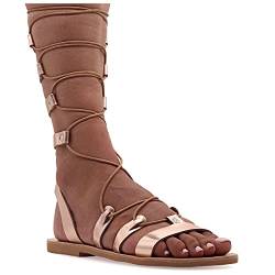 37 Roségold Emmanuela Kalbshohe Ledersandalen im antiken griechischen Stil, handgefertigte flache Gladiator sandalen mit offenen Zehen, hochwertige Riemchen Sommerschuhe für Frauen von EMMANUELA handcrafted for you