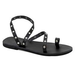 37 Schwarz Emmanuela Antike griechische flache Zehenring sandalen aus Leder mit Metallnieten, hochwertige handgefertigte Sommerschuhe mit Knöchelriemen für Damen, offene Zehensandalen von EMMANUELA handcrafted for you