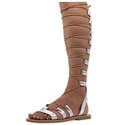 37 Silber Emmanuela Knieshohe Ledersandalen im antiken griechischen Stil, handgefertigte flache Gladiator sandalen mit offenen Zehen, hochwertige Sommerschuhe zum Binden für Frauen von EMMANUELA handcrafted for you