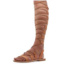 38 Beige Emmanuela Knieshohe Ledersandalen im antiken griechischen Stil, handgefertigte flache Gladiator sandalen mit offenen Zehen, hochwertige Sommerschuhe zum Binden für Frauen von EMMANUELA handcrafted for you