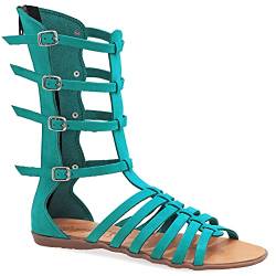 38 Türkis Emmanuela antike griechische Hand handgefertigte Gladiator Sandalen aus Leder, Kalb hohe Sandalen mit Reißverschluss hinten am Schaft, Riemchen flache Sommerschuhe für Frauen von EMMANUELA handcrafted for you