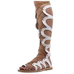39 Weiß Emmanuela Knieshohe Ledersandalen im antiken griechischen Stil, handgefertigte flache Gladiator sandalen mit offenen Zehen, hochwertige Sommerschuhe zum Binden für Frauen von EMMANUELA handcrafted for you
